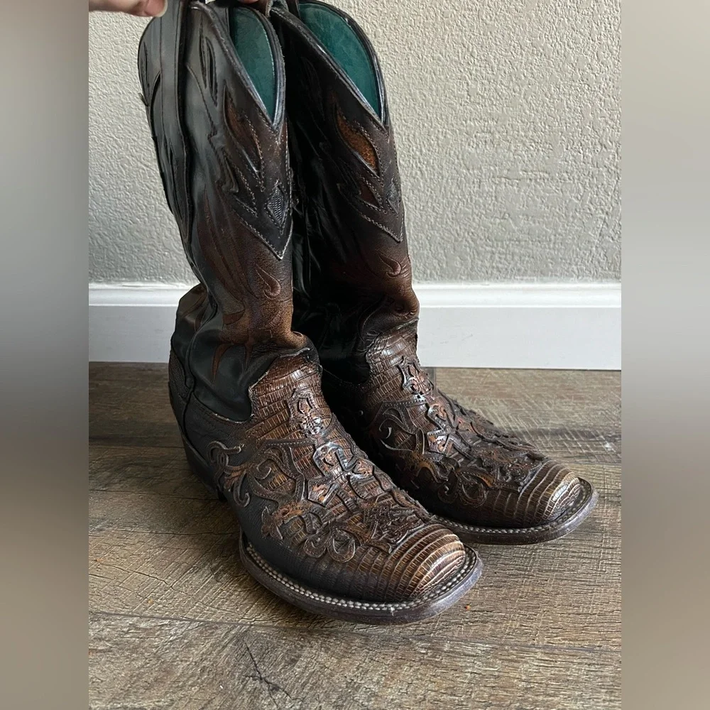 Corral Boots Cognac‎ Teju Lizard Cross Overlay Square Toe Cowgirl C2680 size 8.5 - Picture 7 of 16